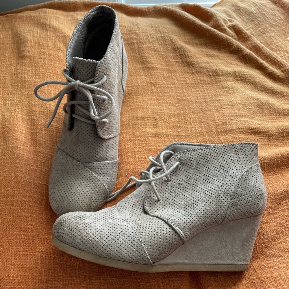 Gray tan wedge booties heels